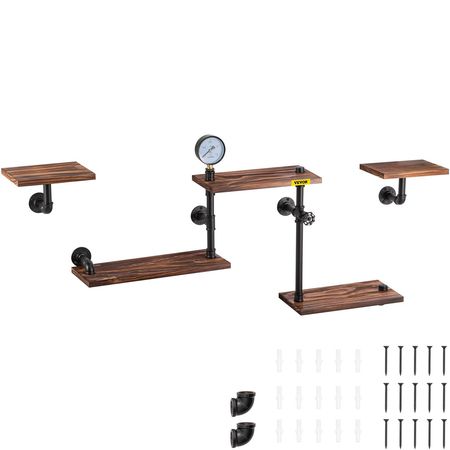 Industrial Pipe Shelving, Pipe Shelves with 5-Tier Wood Planks, Rustic Floating Shelves Wall Mounted, Wall Shelf DIY Bookshelf for Bar Kitchen Bathroom Farmhouse Living Room, 47x28x9 inch
