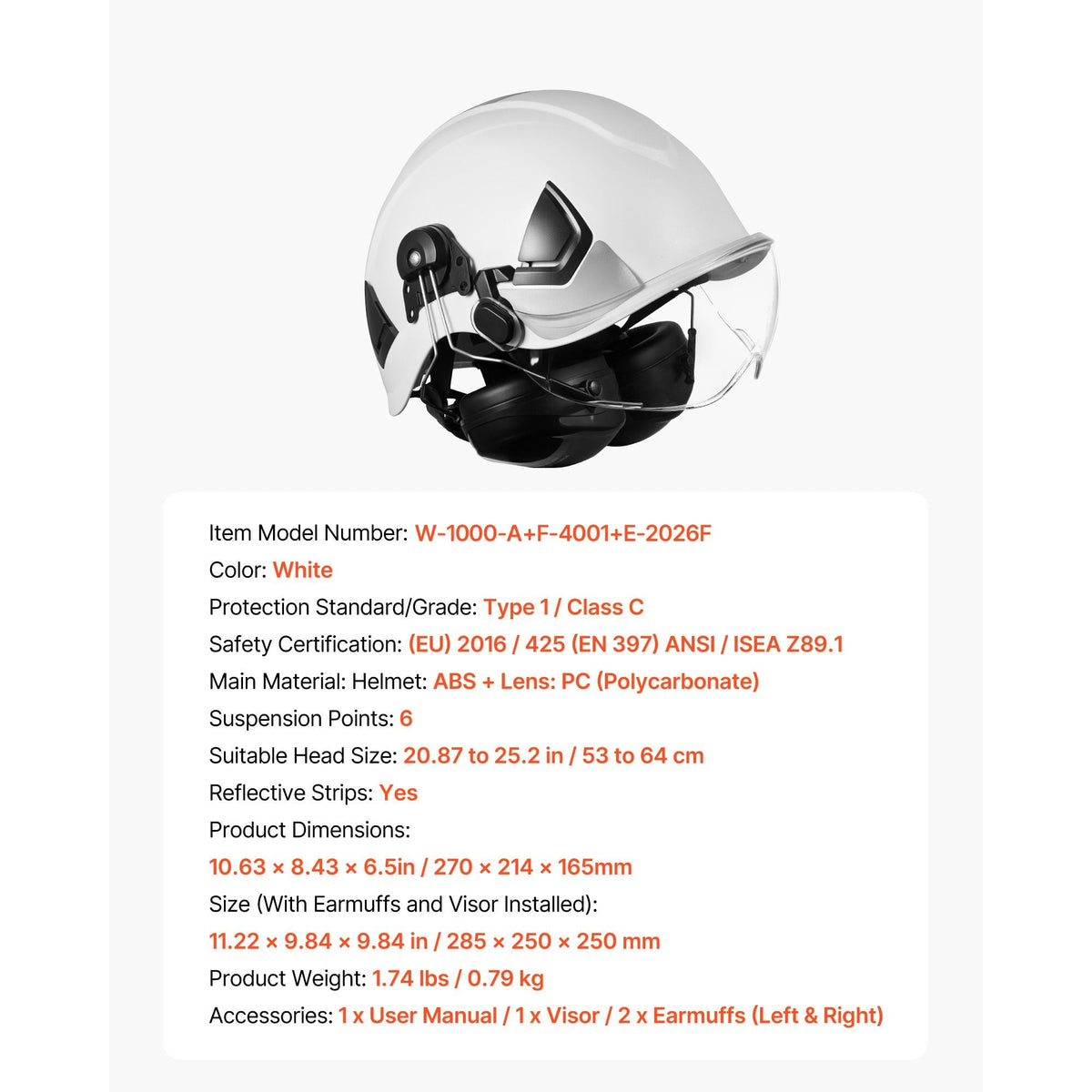 Industrial Safety Helmet, ANSI/ISEA Z89.1 Approved ABS Hard Hat with Visor & Earmuffs, 6-Point Ratchet Suspension, Adjustable Vented Hardhat for Men & Women, for Outdoor Construction Workwear