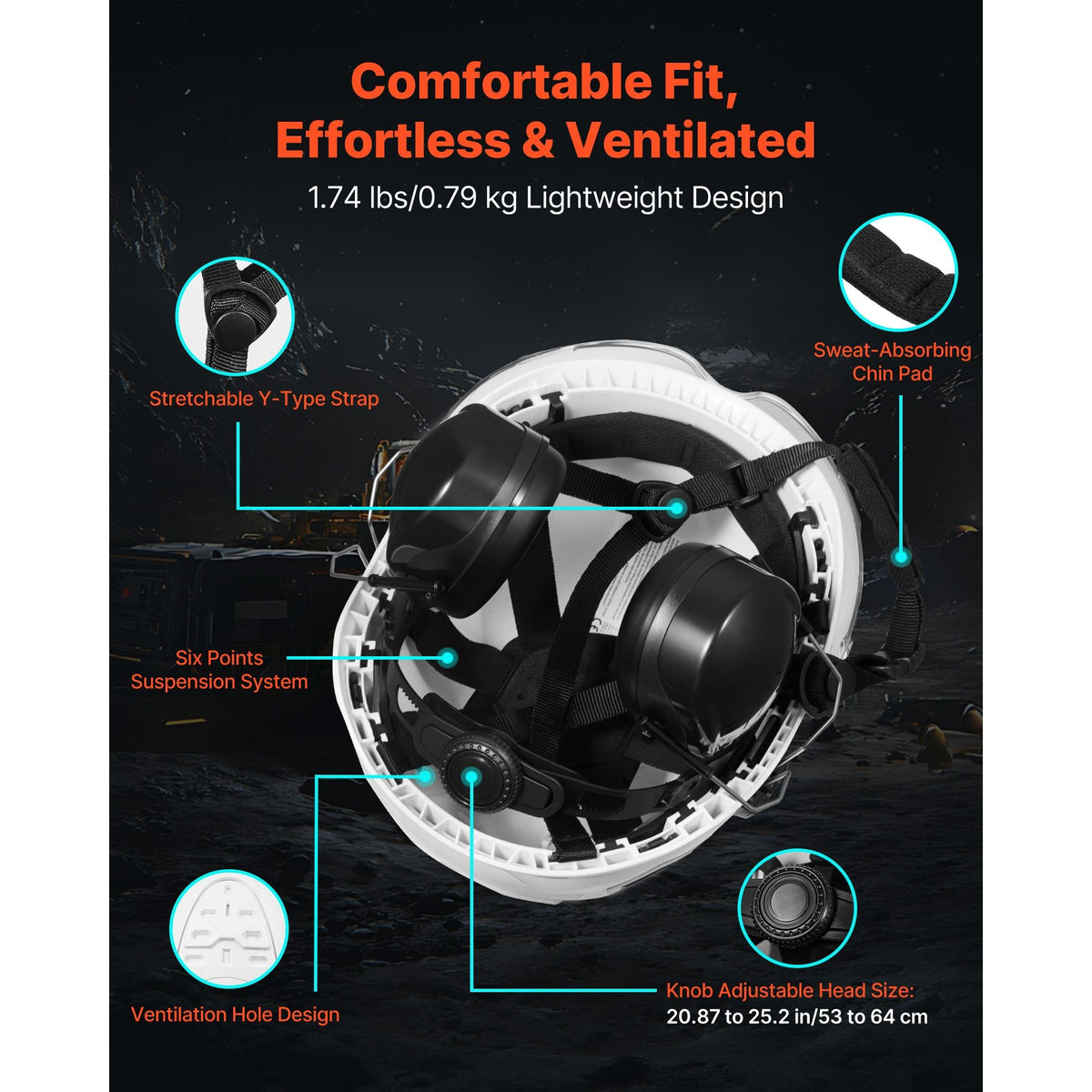 Industrial Safety Helmet, ANSI/ISEA Z89.1 Approved ABS Hard Hat with Visor & Earmuffs, 6-Point Ratchet Suspension, Adjustable Vented Hardhat for Men & Women, for Outdoor Construction Workwear