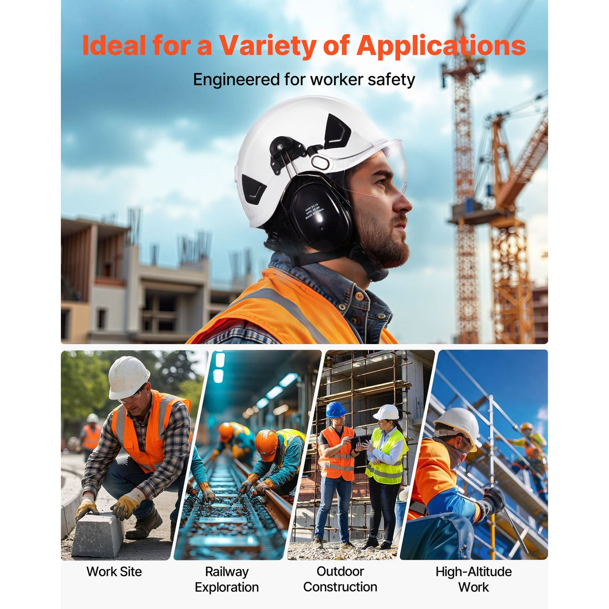 Industrial Safety Helmet, ANSI/ISEA Z89.1 Approved ABS Hard Hat with Visor & Earmuffs, 6-Point Ratchet Suspension, Adjustable Vented Hardhat for Men & Women, for Outdoor Construction Workwear