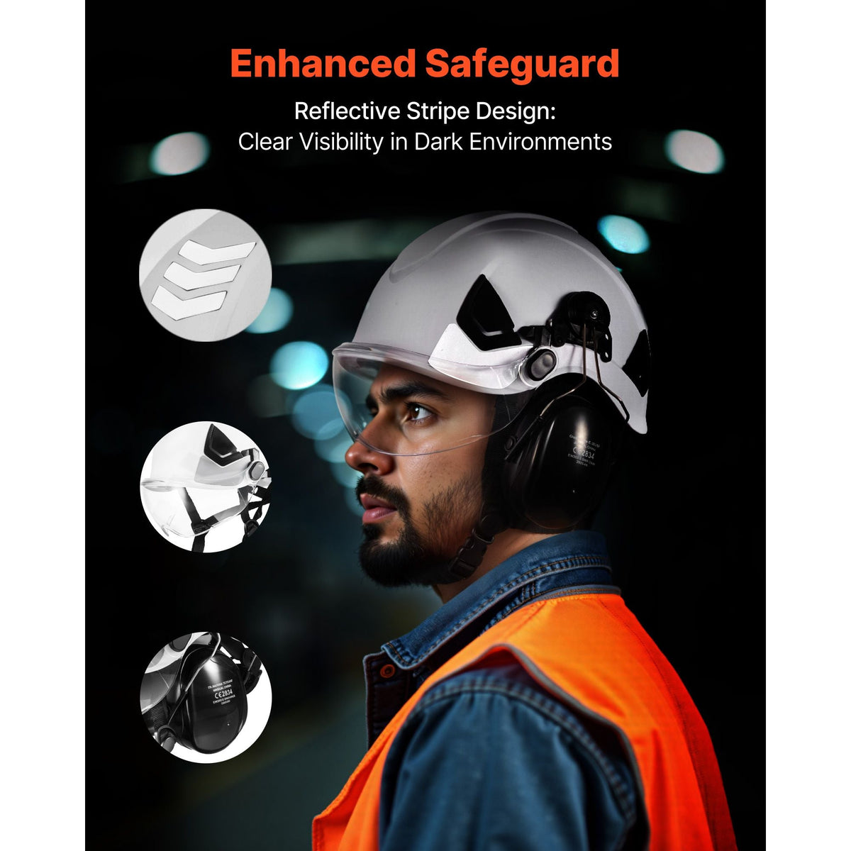 Industrial Safety Helmet, ANSI/ISEA Z89.1 Approved ABS Hard Hat with Visor & Earmuffs, 6-Point Ratchet Suspension, Adjustable Vented Hardhat for Men & Women, for Outdoor Construction Workwear