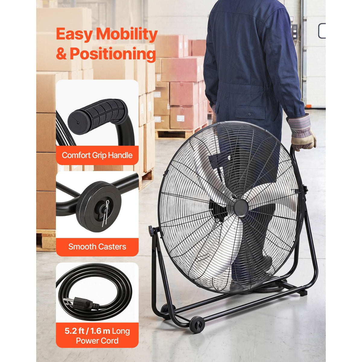 Industrial Shop Fan, 30 Inch Floor Drum Fan, High Velocity 12000 CFM, Heavy Duty Aluminum Blades, 3 Speeds, 360 Degree Tilt, Ideal for Commercial, Garage, Warehouse, Basement, Workshop, Black