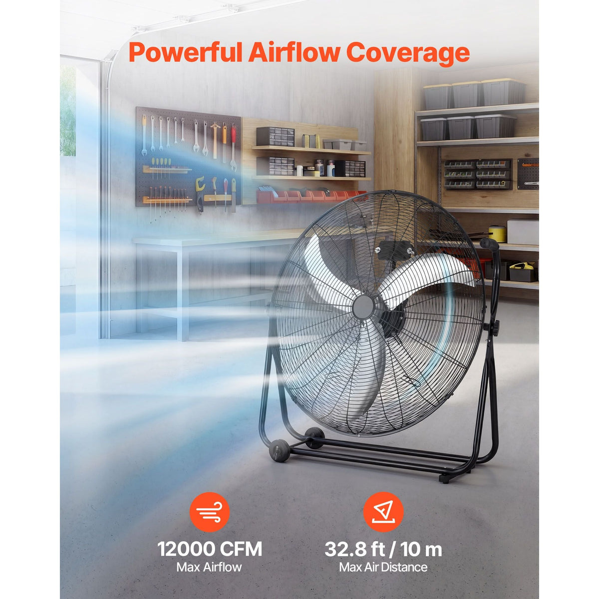 Industrial Shop Fan, 30 Inch Floor Drum Fan, High Velocity 12000 CFM, Heavy Duty Aluminum Blades, 3 Speeds, 360 Degree Tilt, Ideal for Commercial, Garage, Warehouse, Basement, Workshop, Black