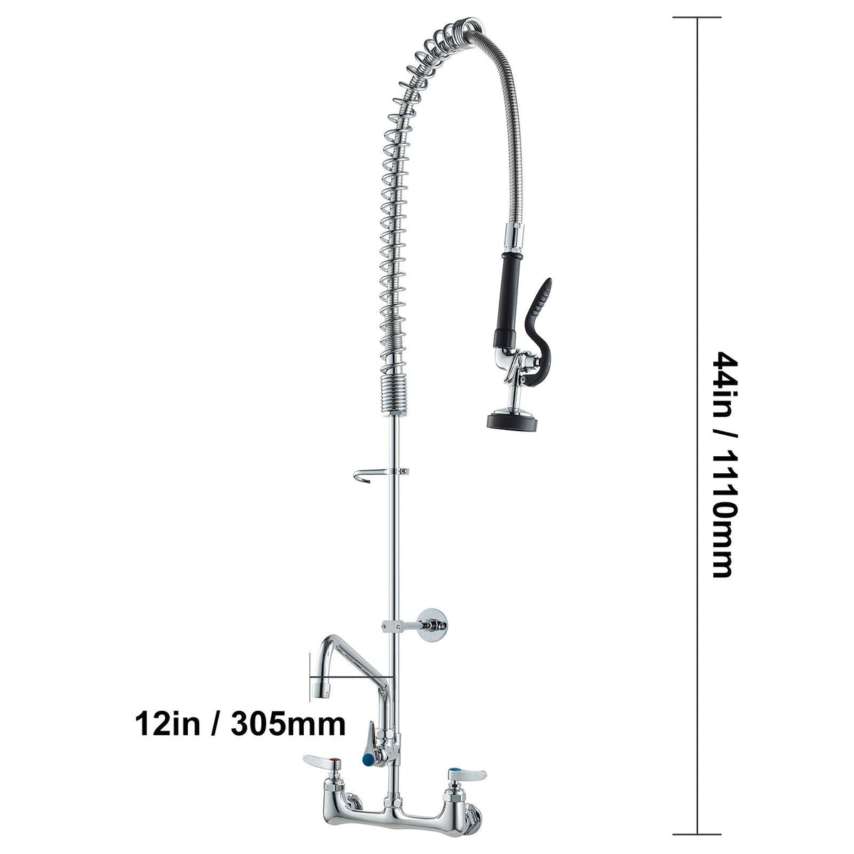 Industrial Sink Faucet, 44" Tall, 8" Apart, 12" Rotating Spout, Wall Mounted, Brass Made with Extendable Sprayer, Fits Single/Triple Sinks