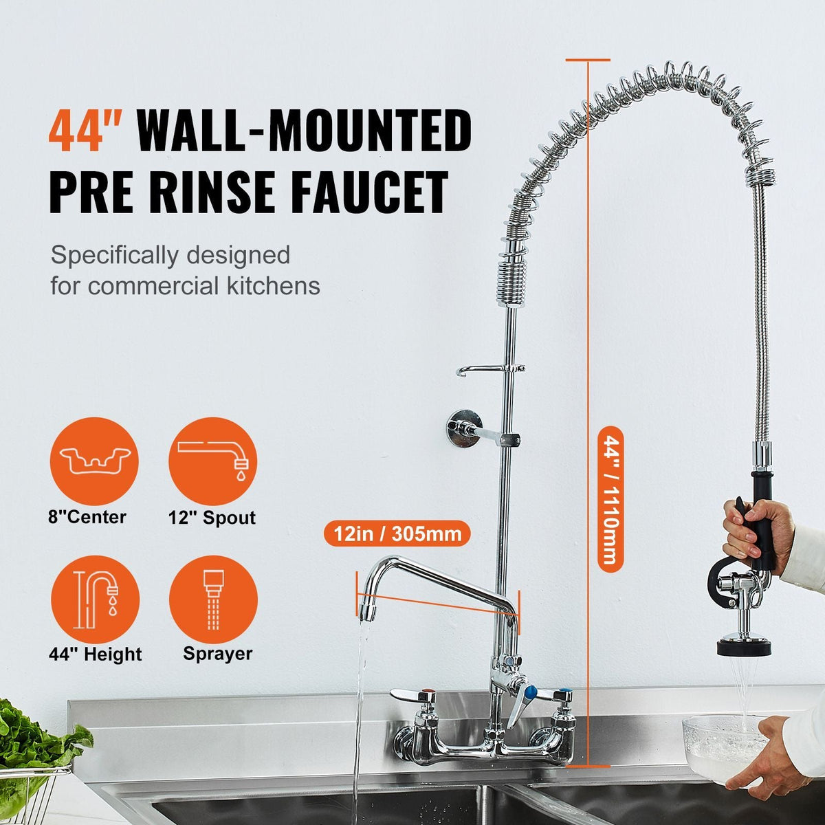 Industrial Sink Faucet, 44" Tall, 8" Apart, 12" Rotating Spout, Wall Mounted, Brass Made with Extendable Sprayer, Fits Single/Triple Sinks