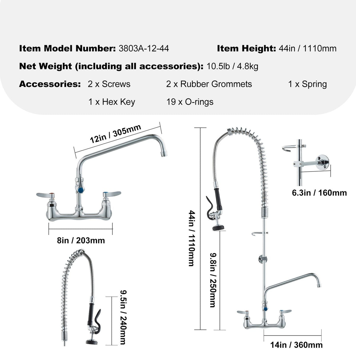 Industrial Sink Faucet, 44" Tall, 8" Apart, 12" Rotating Spout, Wall Mounted, Brass Made with Extendable Sprayer, Fits Single/Triple Sinks