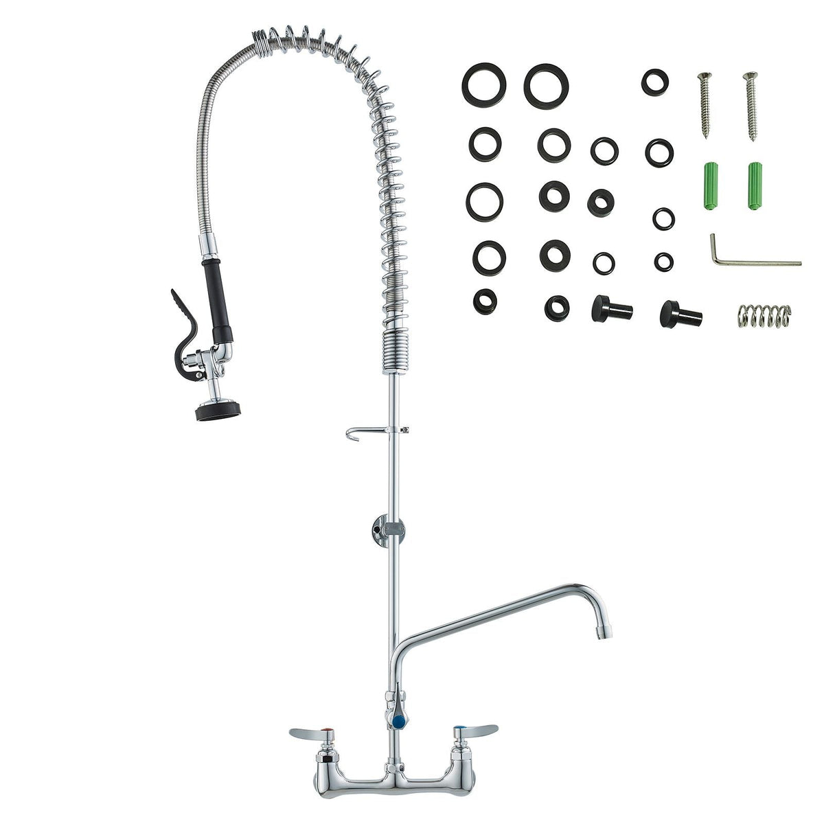 Industrial Sink Faucet, 44" Tall, 8" Apart, 12" Rotating Spout, Wall Mounted, Brass Made with Extendable Sprayer, Fits Single/Triple Sinks