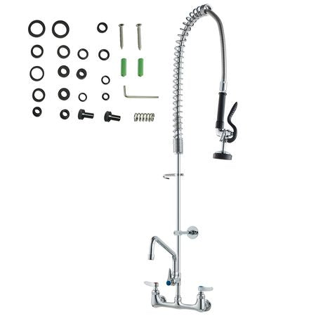 Industrial Sink Faucet, 44" Tall, 8" Apart, 12" Rotating Spout, Wall Mounted, Brass Made with Extendable Sprayer, Fits Single/Triple Sinks