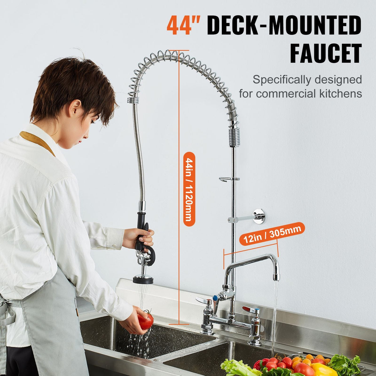 Industrial Sink Faucet, 44" Tall, 8" Install Space, 12" Rotating Spout, Surface Mount, Brass-Made with Extendable Sprayer, Suitable for Single/Triple Basin