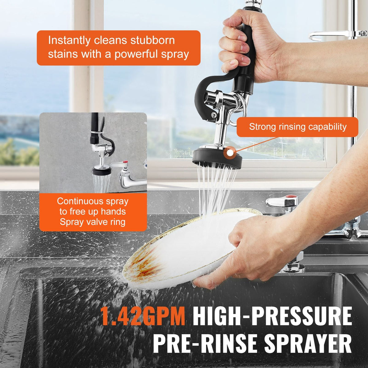 Industrial Sink Faucet, 44" Tall, 8" Install Space, 12" Rotating Spout, Surface Mount, Brass-Made with Extendable Sprayer, Suitable for Single/Triple Basin