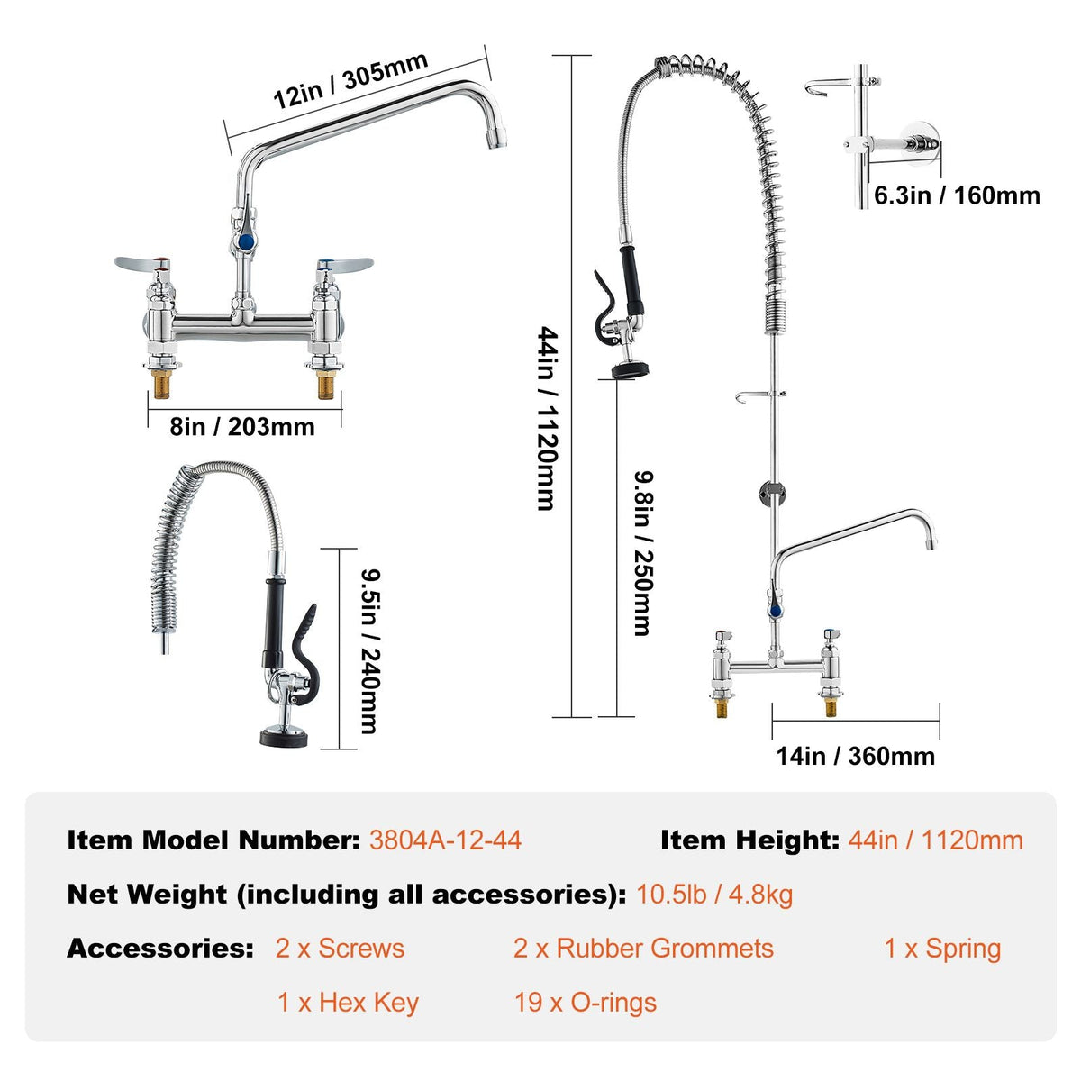 Industrial Sink Faucet, 44" Tall, 8" Install Space, 12" Rotating Spout, Surface Mount, Brass-Made with Extendable Sprayer, Suitable for Single/Triple Basin