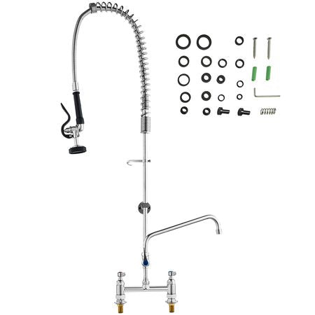 Industrial Sink Faucet, 44" Tall, 8" Install Space, 12" Rotating Spout, Surface Mount, Brass-Made with Extendable Sprayer, Suitable for Single/Triple Basin