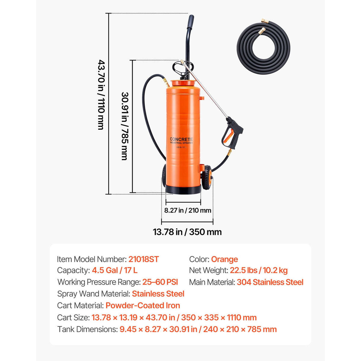 Industrial Sprayer, 4.5 Gallons Large Capacity, Stainless Steel Concrete Sprayer with Ergonomic Handle & Removable Cart, 48" & 120" Hose, Concrete Sealer Sprayers for Form Oils Construction