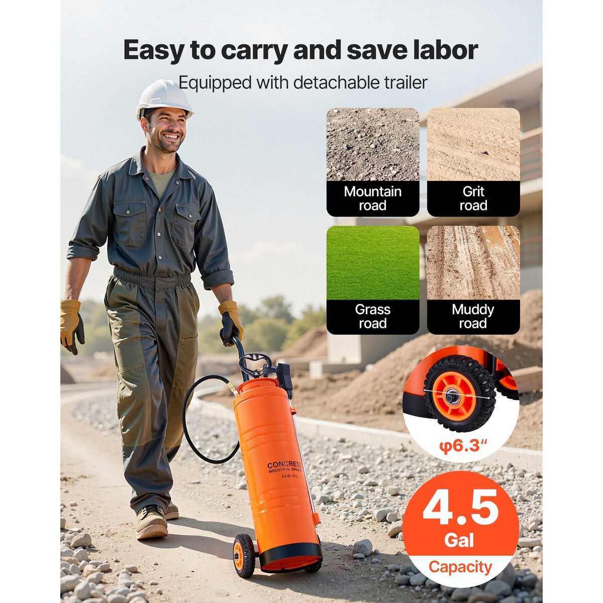 Industrial Sprayer, 4.5 Gallons Large Capacity, Stainless Steel Concrete Sprayer with Ergonomic Handle & Removable Cart, 48" & 120" Hose, Concrete Sealer Sprayers for Form Oils Construction