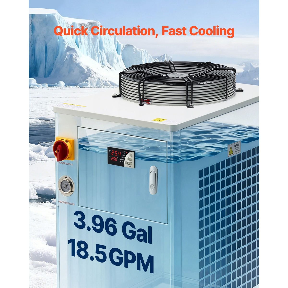 Industrial Water Chiller, 17,060 BTU/h, Industrial Water Cooler Cooling System with Compressor, 3.96 Gal Tank Capacity, 18.5 GPM Max Flow Rate, for CO2 Laser Tube Engraving & Cutting Machine