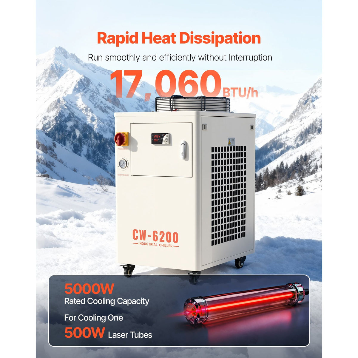 Industrial Water Chiller, 17,060 BTU/h, Industrial Water Cooler Cooling System with Compressor, 3.96 Gal Tank Capacity, 18.5 GPM Max Flow Rate, for CO2 Laser Tube Engraving & Cutting Machine
