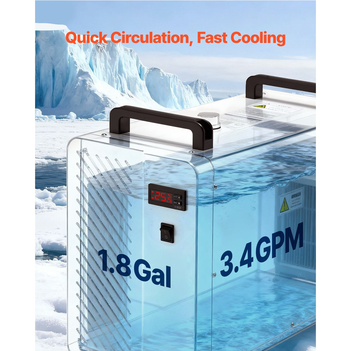 Industrial Water Chiller, 5460 BTU/h, Industrial Water Cooler Cooling System with Compressor, 1.8 Gal Tank Capacity, 3.4 GPM Max Flow, Laser Chiller, for CO2 Laser Engraving & Cutting Machine
