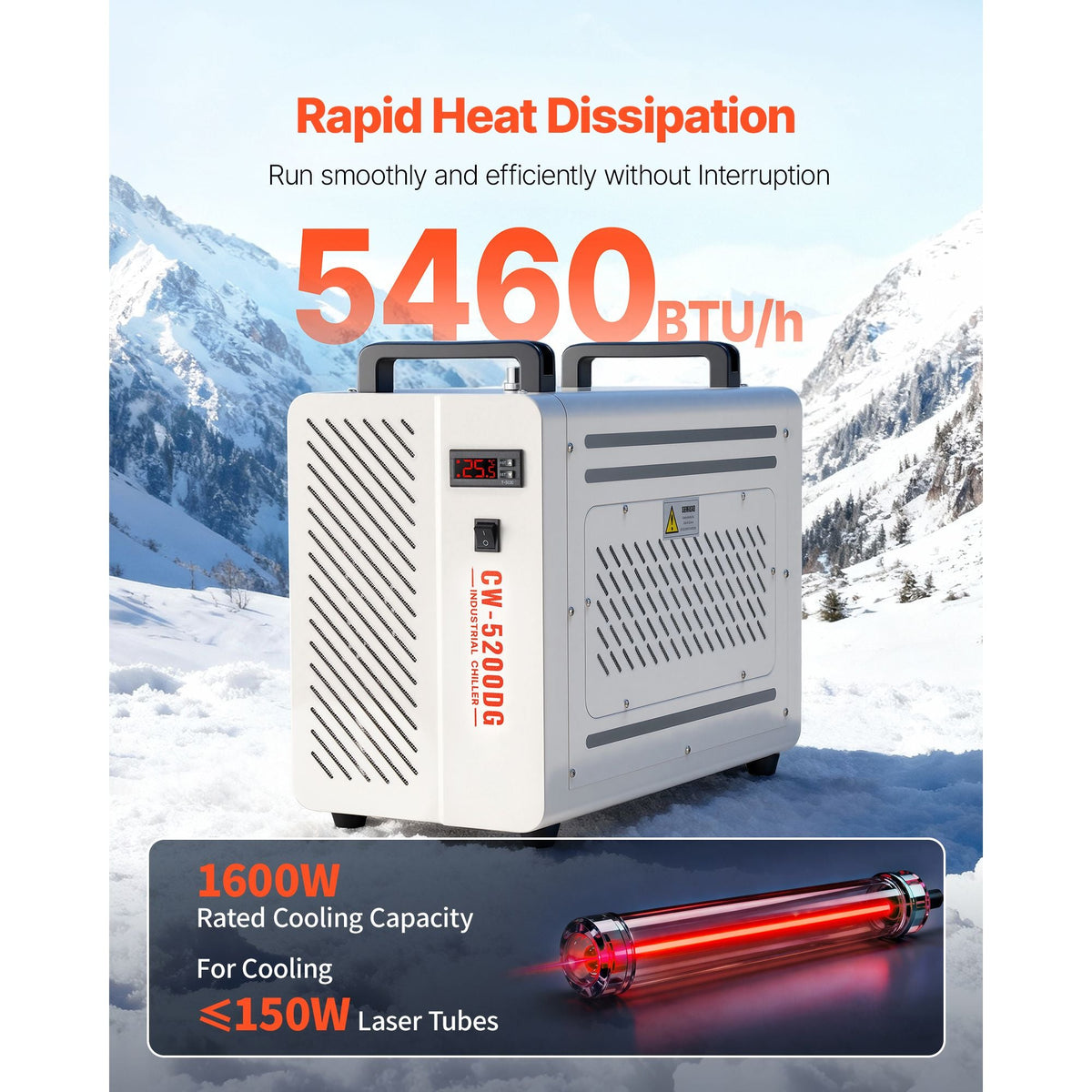 Industrial Water Chiller, 5460 BTU/h, Industrial Water Cooler Cooling System with Compressor, 1.8 Gal Tank Capacity, 3.4 GPM Max Flow, Laser Chiller, for CO2 Laser Engraving & Cutting Machine