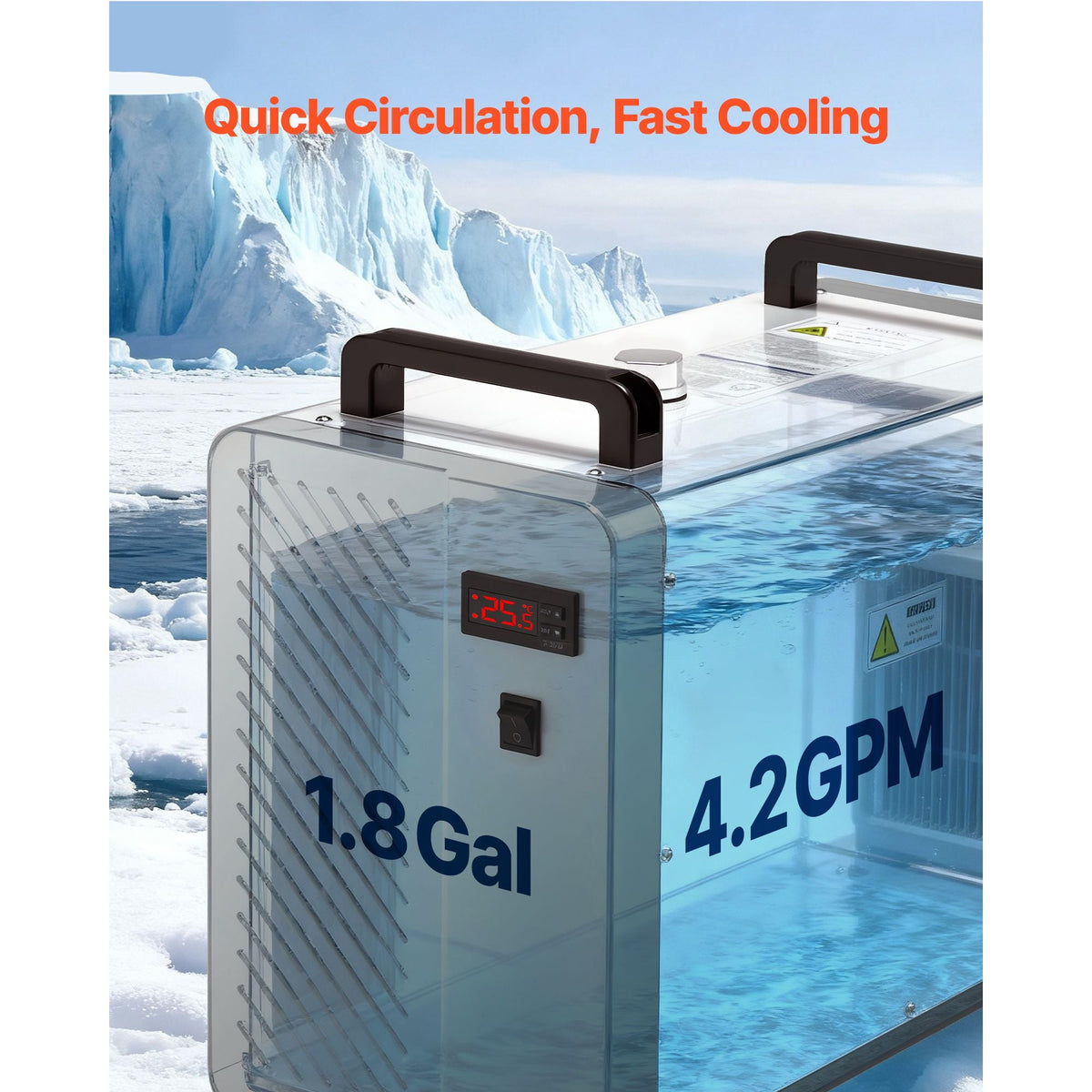 Industrial Water Chiller, 5460 BTU/h, Industrial Water Cooler Cooling System with Compressor, 4.2 GPM Max Flow, 1.8 Gal Tank Capacity, Laser Chiller, for CO2 Laser Engraving & Cutting Machine
