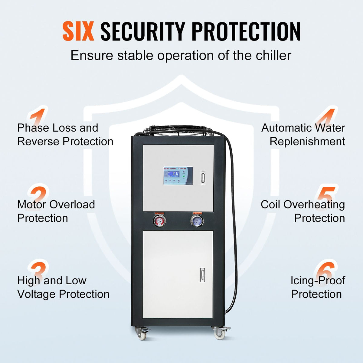 Industrial Water Chiller, 6HP 16 Gal Air-Cooled Industrial Water Chiller, 15,100 Kcal/h Cooling Capacity with Finned Condenser Micro-Computer Control 60L Water Tank, for Cooling Water