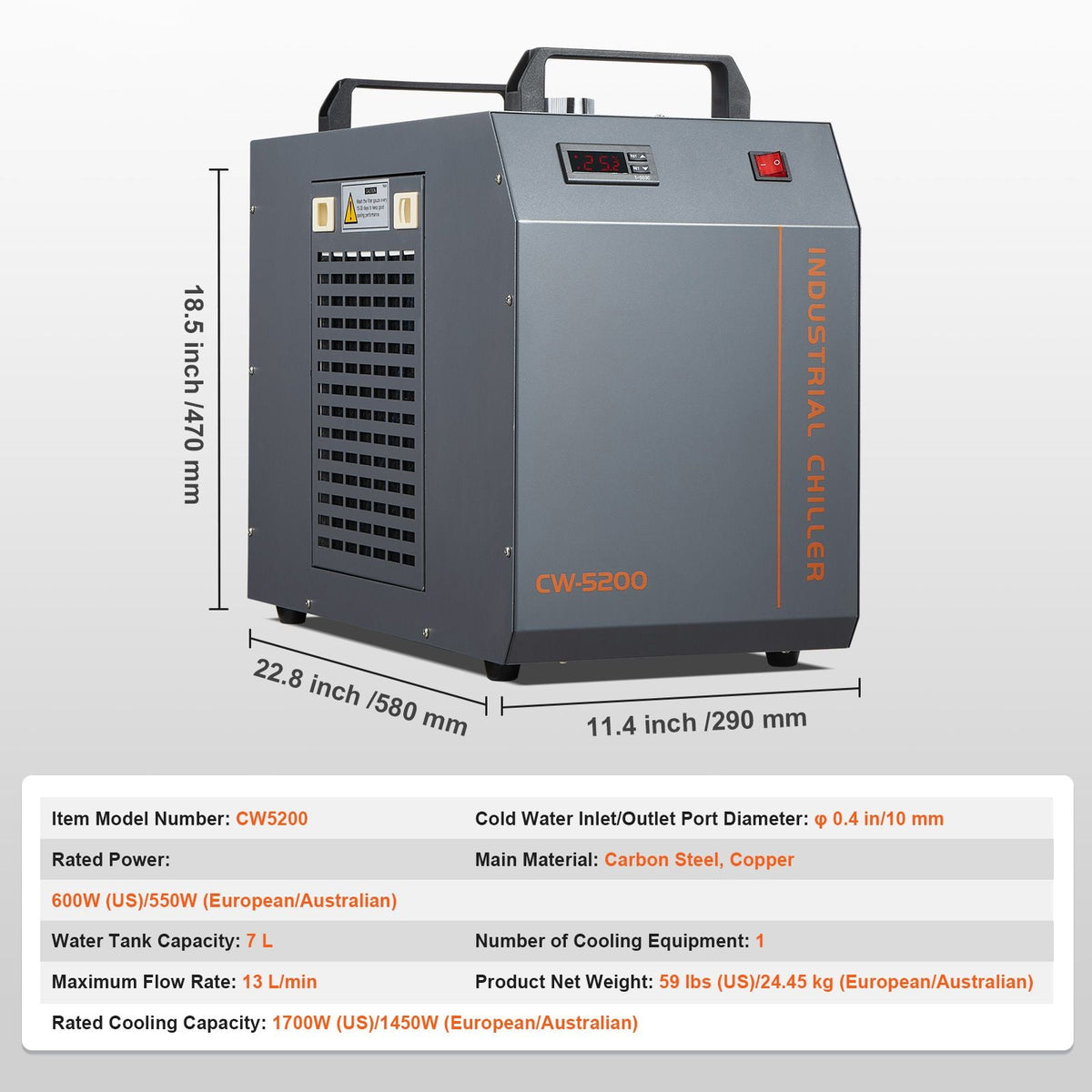 Industrial Water Chiller, CW-5200, Industrial Water Cooler Cooling System with Built-in Compressor 7L Water Tank Capacity 13 L/min Max Flow Rate, for CO2 Laser Engraving Machine Cooling Machine