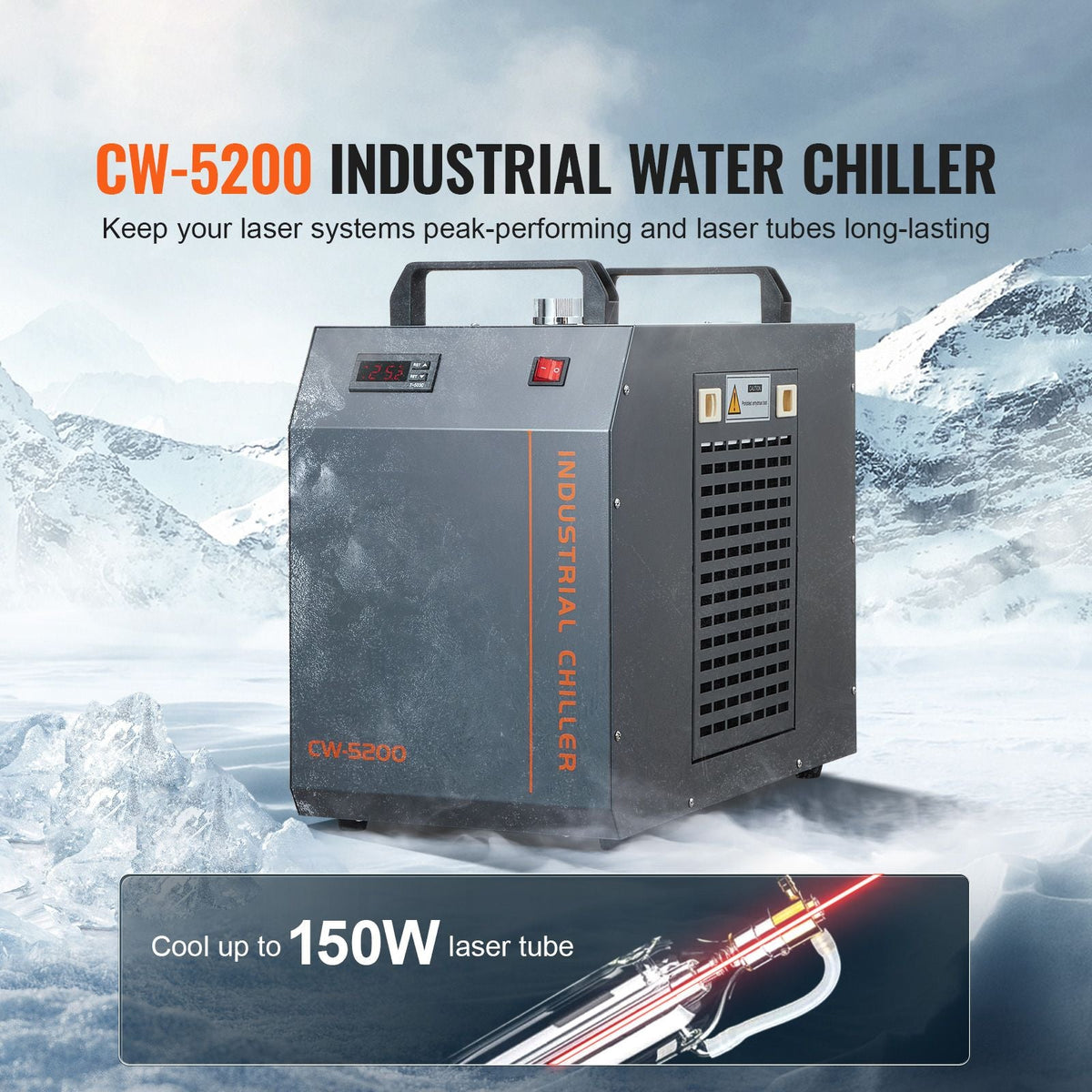 Industrial Water Chiller, CW-5200, Industrial Water Cooler Cooling System with Built-in Compressor 7L Water Tank Capacity 13 L/min Max Flow Rate, for CO2 Laser Engraving Machine Cooling Machine