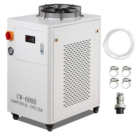 Industrial Water Chiller, CW6000, 1500W Industrial Water Cooler Cooling System with Compressor 15L Water Tank Capacity 65 L/min Max Flow Rate, for CO2 Laser Engraving Machine Cooling Machine