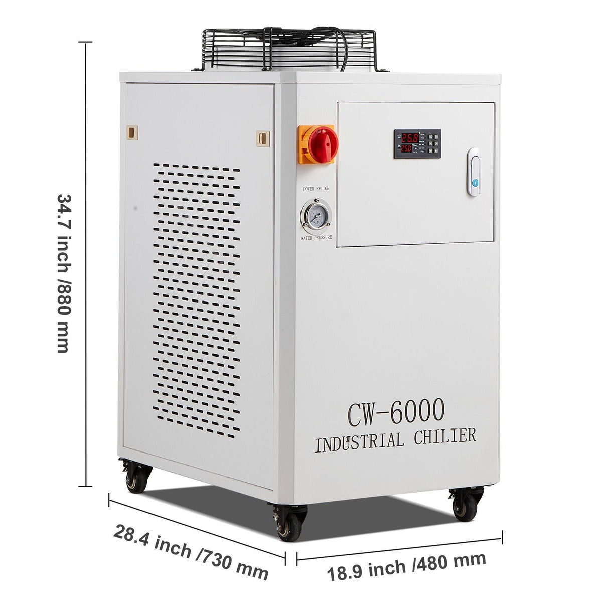 Industrial Water Chiller, CW6000, 1500W Industrial Water Cooler Cooling System with Compressor 15L Water Tank Capacity 65 L/min Max Flow Rate, for CO2 Laser Engraving Machine Cooling Machine