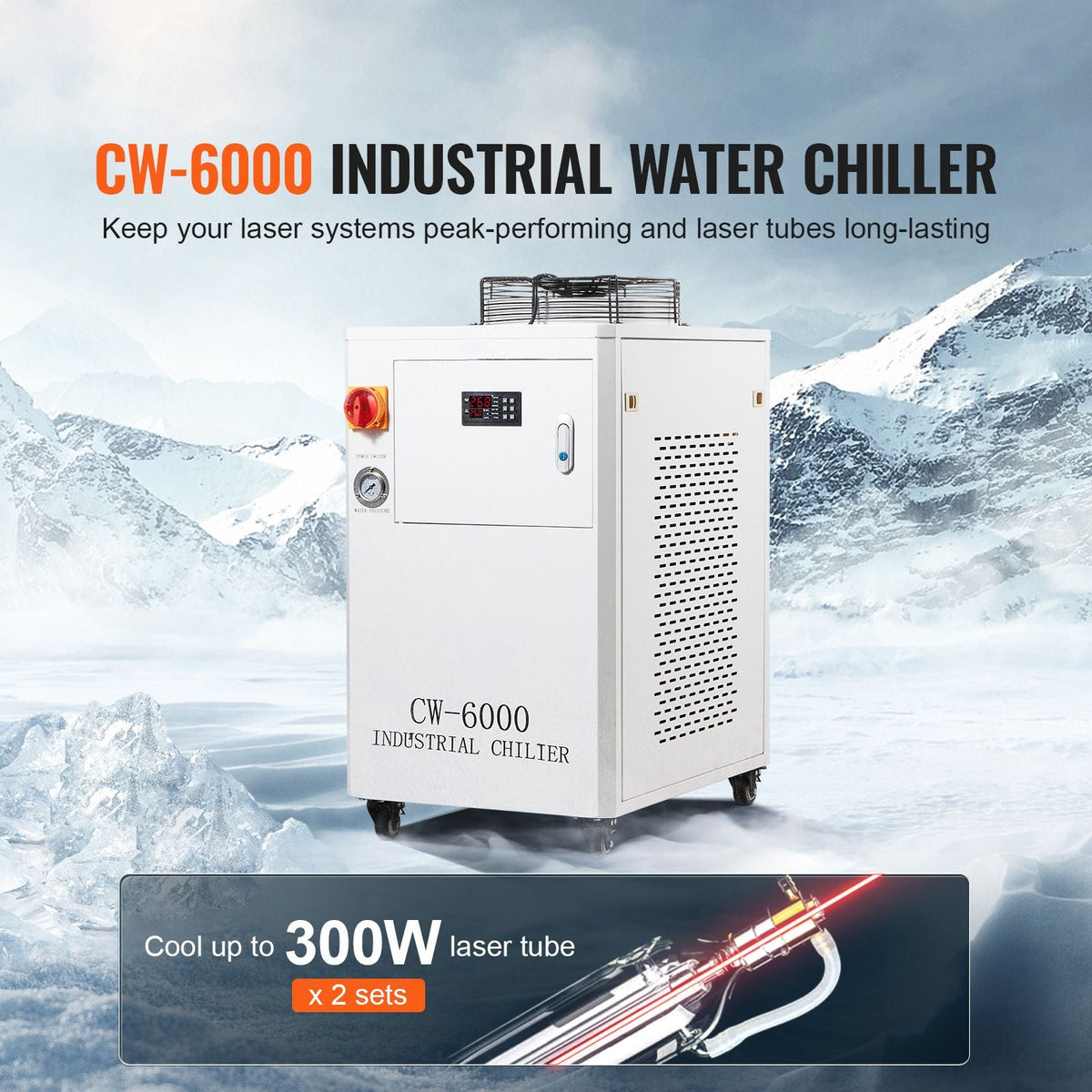 Industrial Water Chiller, CW6000, 1500W Industrial Water Cooler Cooling System with Compressor 15L Water Tank Capacity 65 L/min Max Flow Rate, for CO2 Laser Engraving Machine Cooling Machine