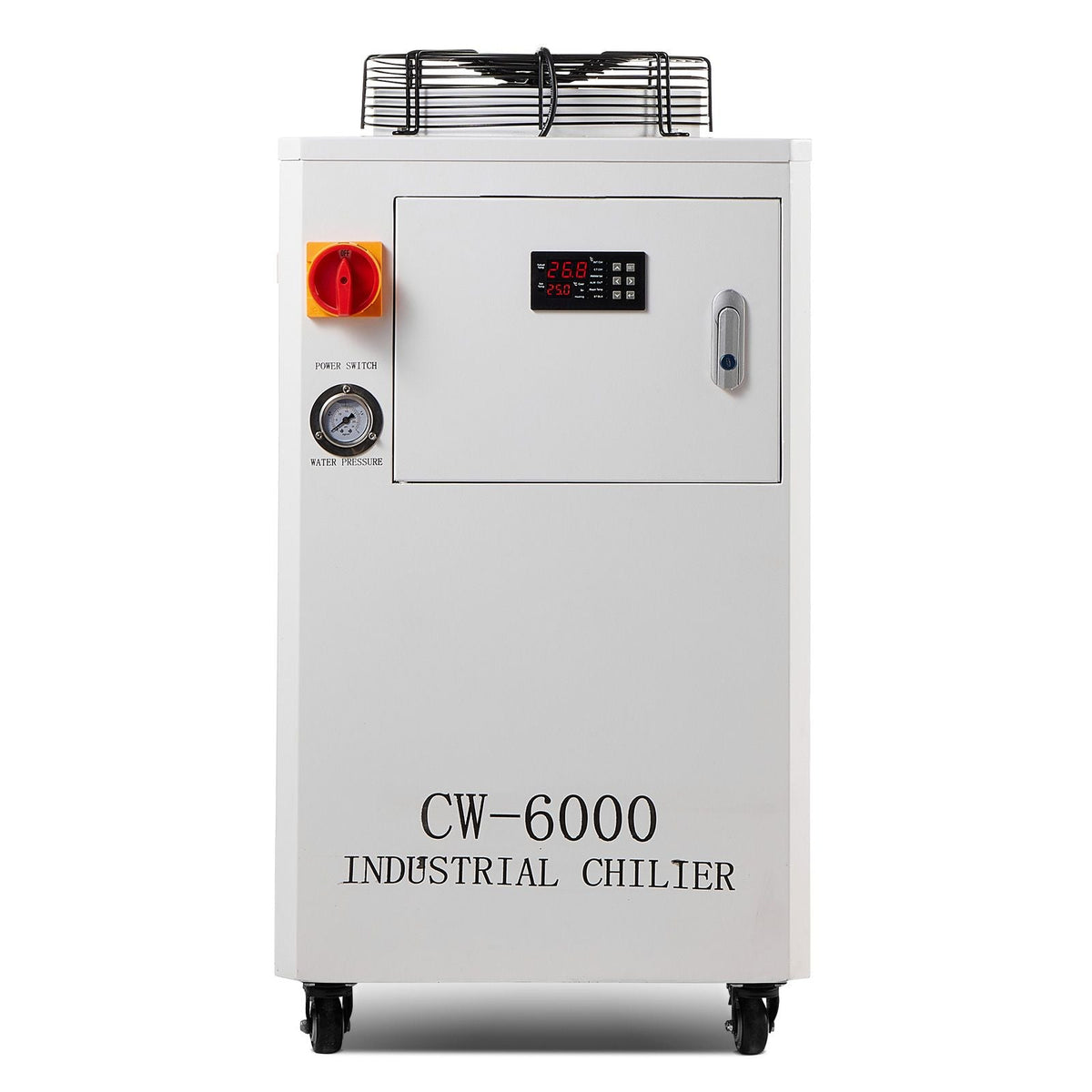 Industrial Water Chiller, CW6000, 1500W Industrial Water Cooler Cooling System with Compressor 15L Water Tank Capacity 65 L/min Max Flow Rate, for CO2 Laser Engraving Machine Cooling Machine