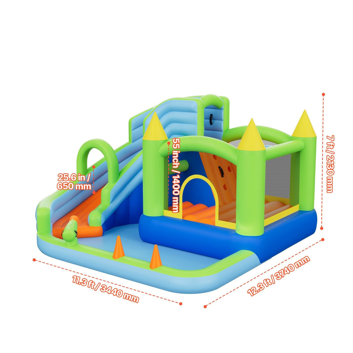 Inflatable Bounce House, 11.3 x 12.3 x 7.0 ft Inflatable Bounce House Water Slide, Bouncer Castle with Castle Bounces, Basketball Hoop, Splash Pool & Water Ring Toss, for 3 to 4 Kids Ages 3 to 8
