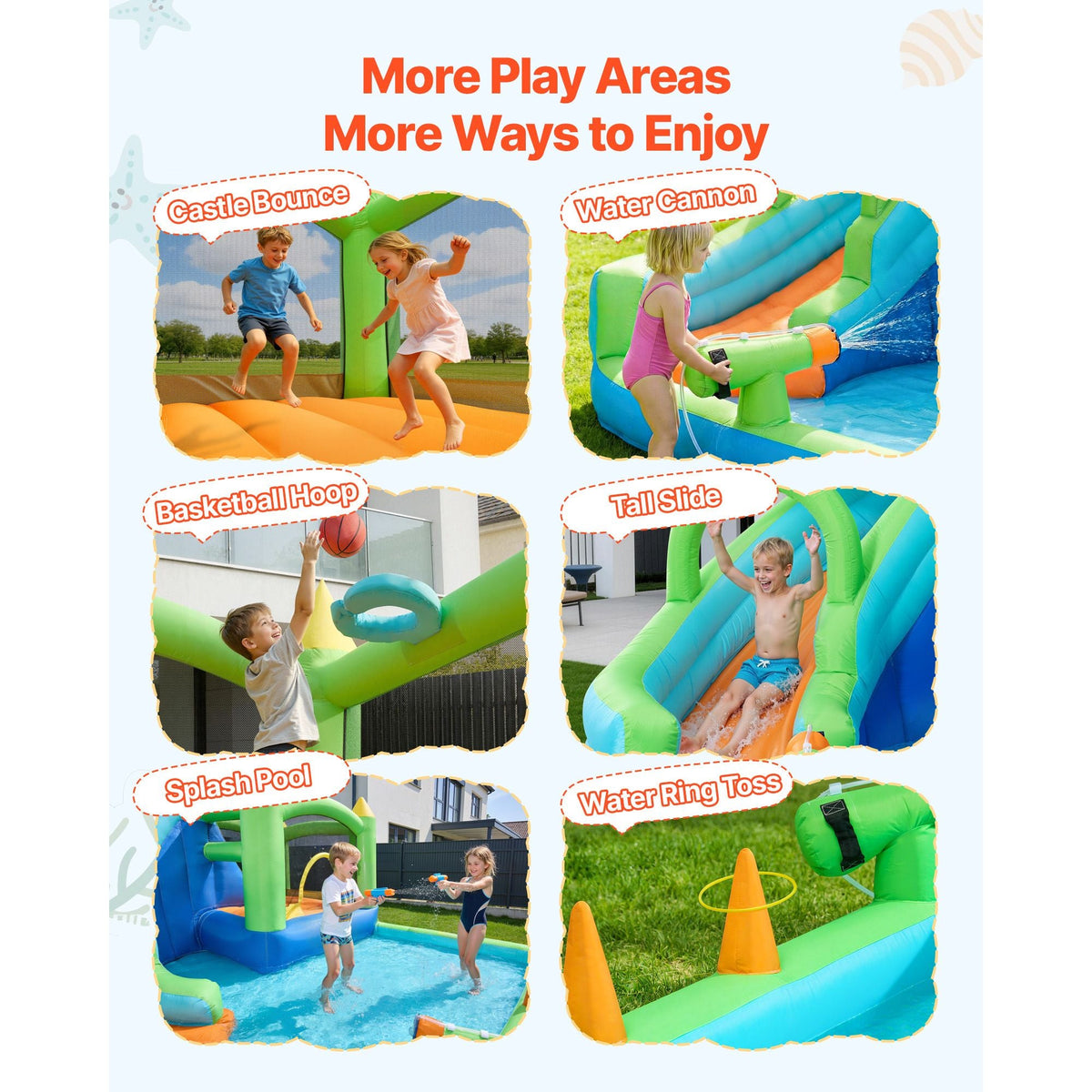 Inflatable Bounce House, 11.3 x 12.3 x 7.0 ft Inflatable Bounce House Water Slide, Bouncer Castle with Castle Bounces, Basketball Hoop, Splash Pool & Water Ring Toss, for 3 to 4 Kids Ages 3 to 8