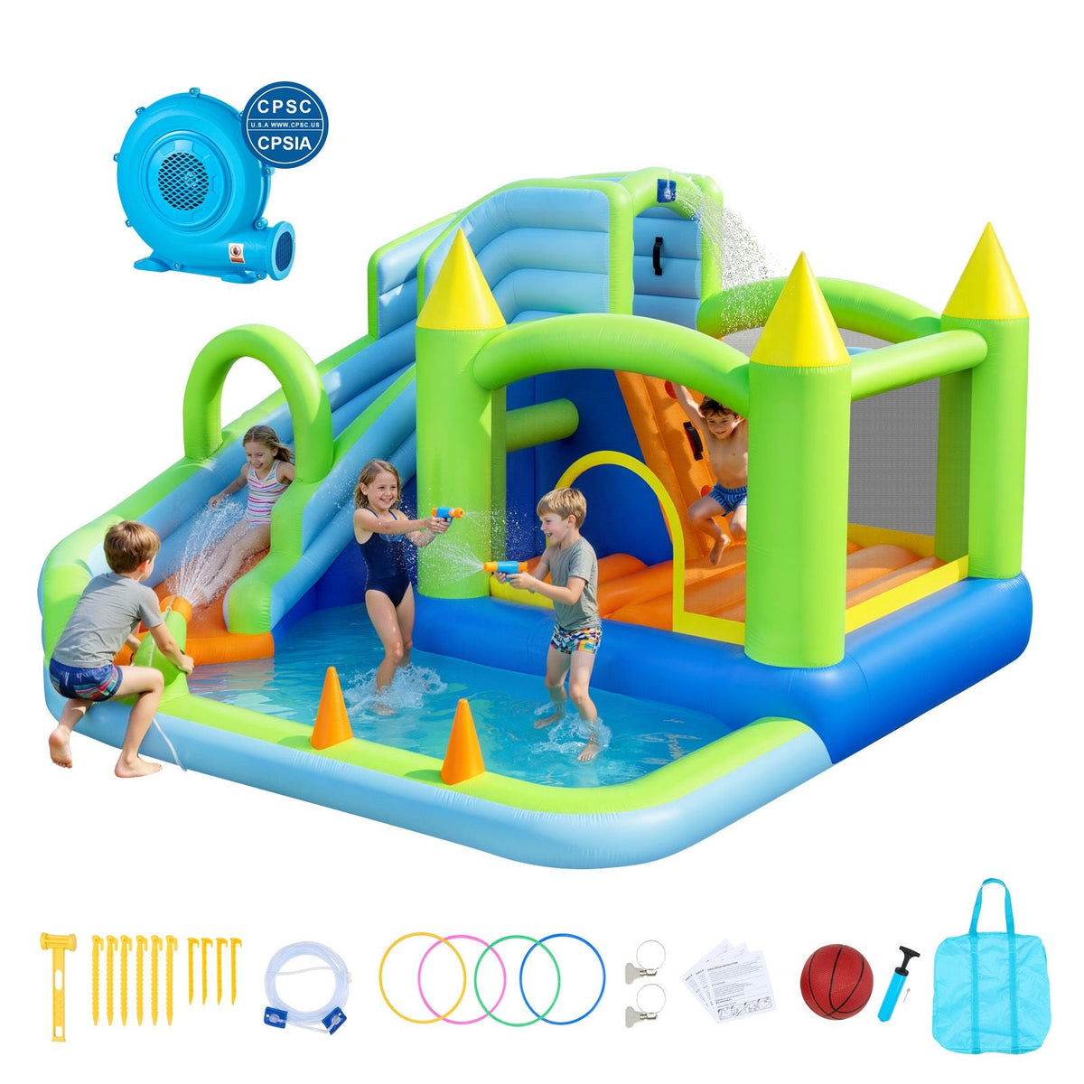 Inflatable Bounce House, 11.3 x 12.3 x 7.0 ft Inflatable Bounce House Water Slide, Bouncer Castle with Castle Bounces, Basketball Hoop, Splash Pool & Water Ring Toss, for 3 to 4 Kids Ages 3 to 8