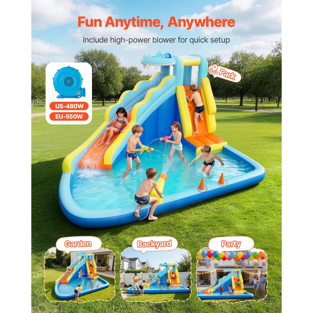 Inflatable Bounce House, 11.6 x 13.1 x 7.7 ft Inflatable Bounce House Water Slide, Bouncer Castle with Bounces Zone, Climbing Wall, Splash Pool & Water Ring Toss, for 3 to 4 Kids Ages 3 to 8