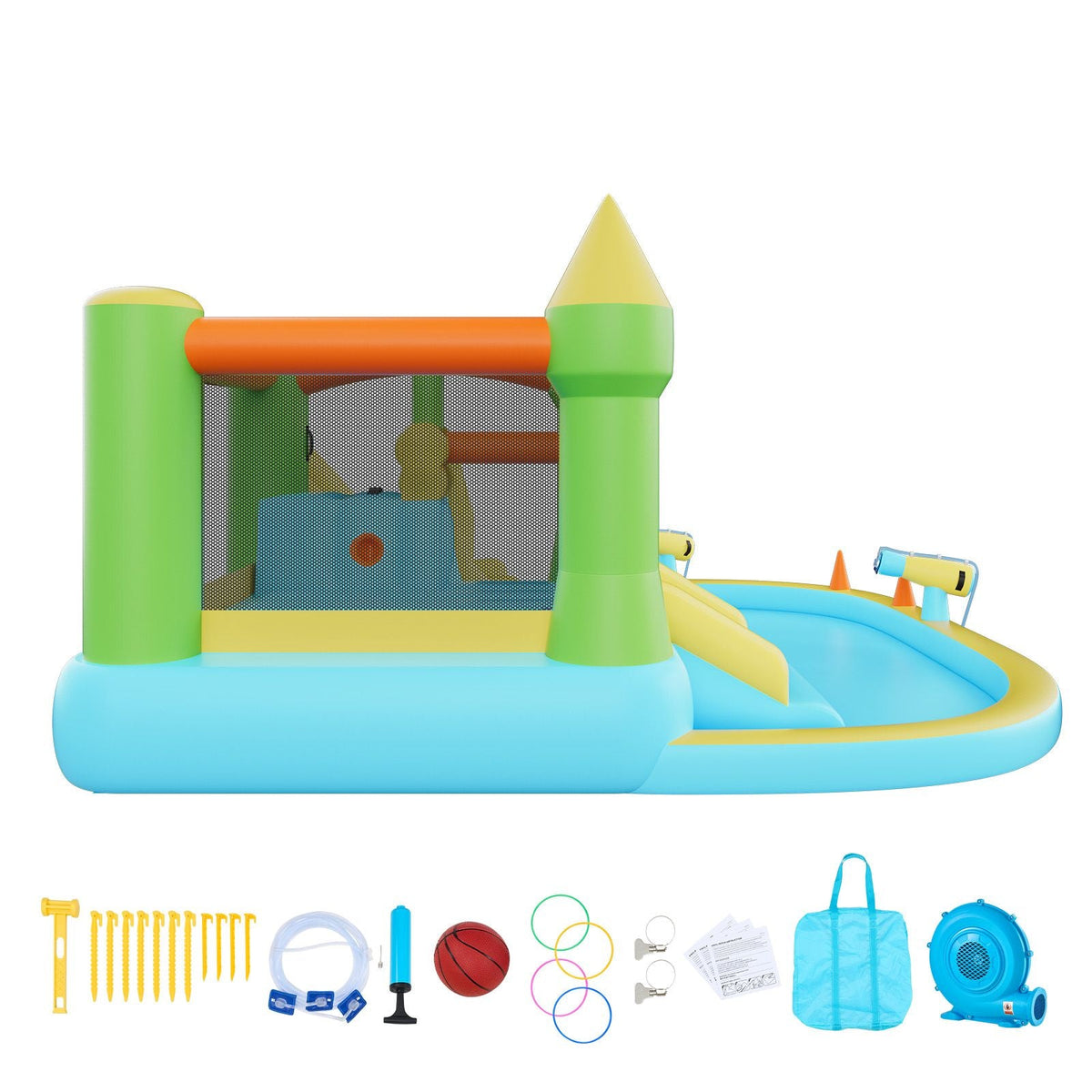 Inflatable Bounce House, 12.5 x 13.1 x 6.5 ft Inflatable Bounce House Water Slide, Bouncer Castle with Castle Bounces, Basketball Hoop, Splash Pool & Water Ring Toss, for 3 to 4 Kids Ages 3 to 8