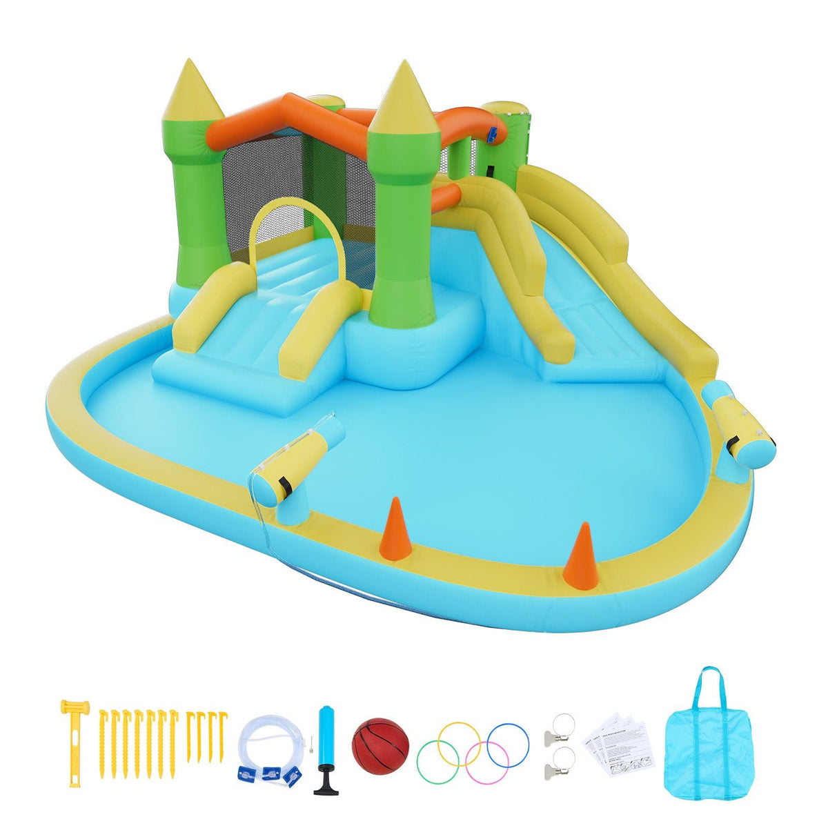 Inflatable Bounce House, 12.5 x 13.1 x 6.5 ft Inflatable Bounce House Water Slide, Bouncer Castle with Castle Bounces, Basketball Hoop, Splash Pool & Water Ring Toss, for 3 to 4 Kids Ages 3 to 8