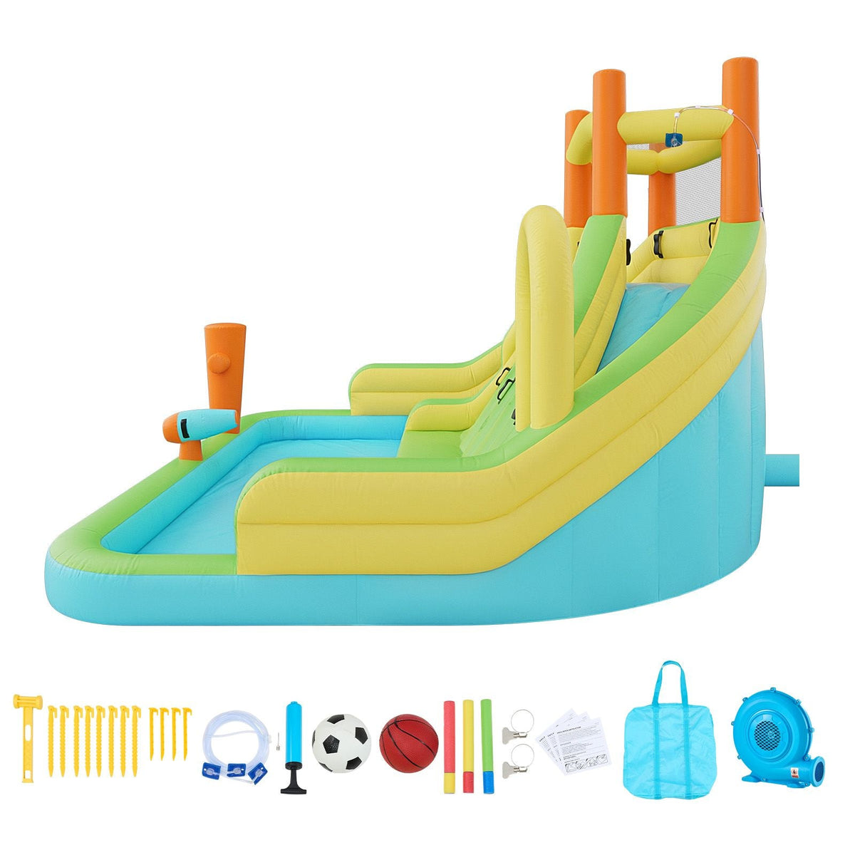 Inflatable Bounce House, 13.3 x 11.4 x 8.4 ft Inflatable Bounce House Water Slide, Bouncer Castle with Climbing Wall, Double Tall Slides, Splash Pool & Mini Soccer, for 3 to 4 Kids Ages 3 to 8
