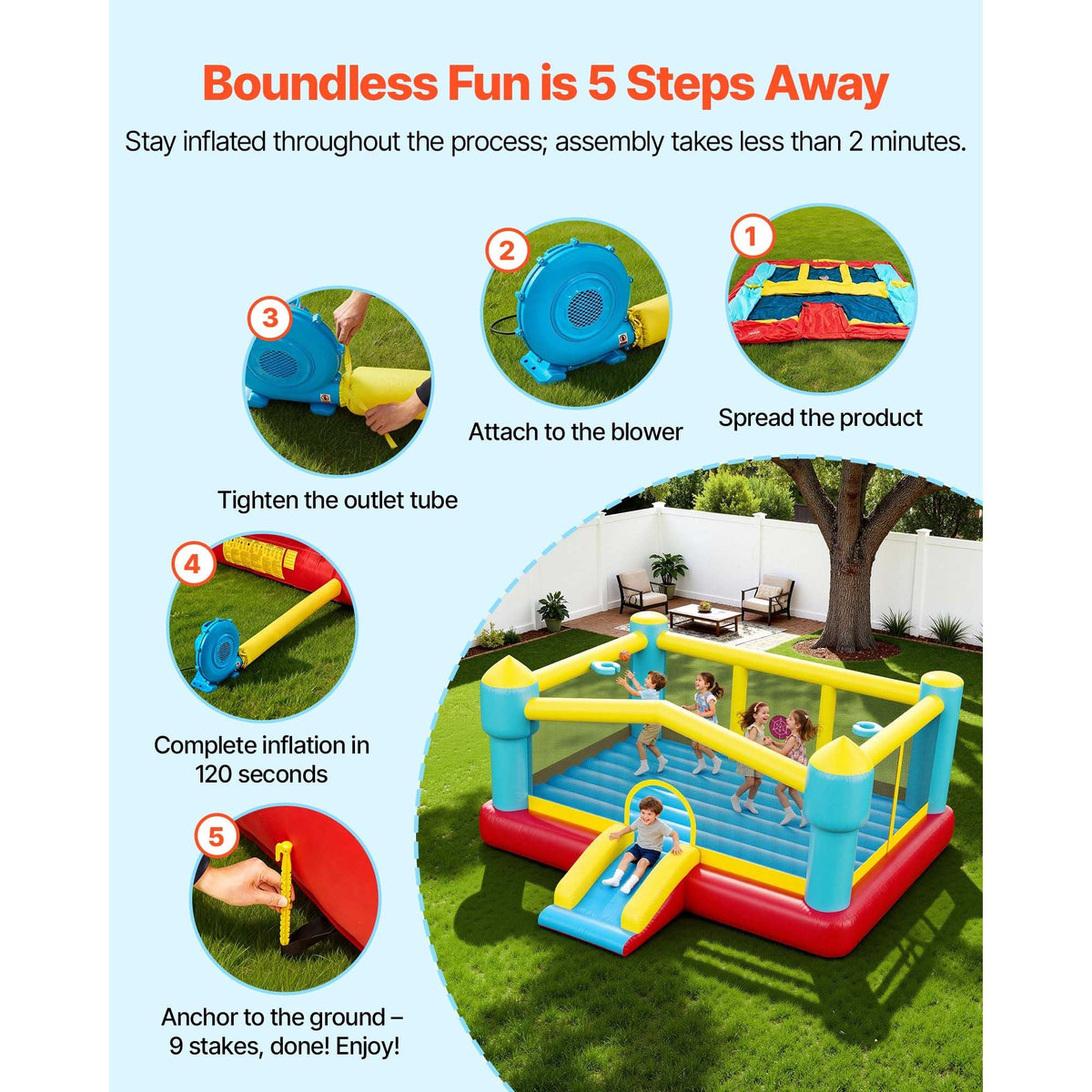Inflatable Bounce House, 14.7 x 13.8 x 6.8 ft Jumping Bouncy Castle, Inflatable Jumper for Kids with Slide, Basketball Hoop, Target Game & Jumping Area, Jumpings House Holds 3-4 Kids (Ages 3-8)