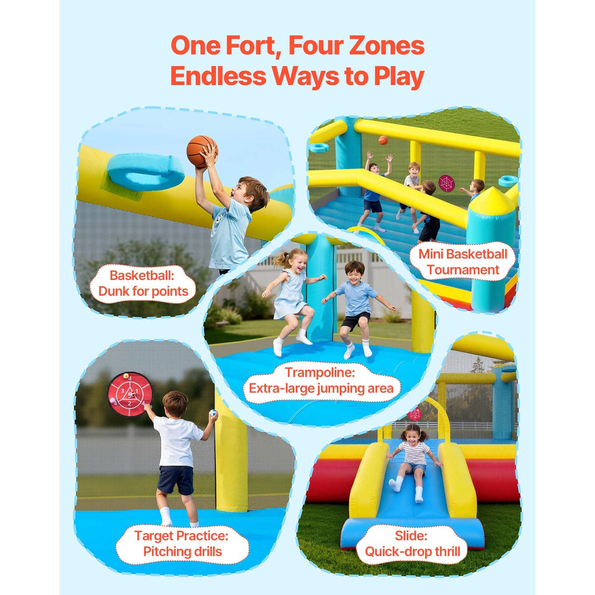 Inflatable Bounce House, 14.7 x 13.8 x 6.8 ft Jumping Bouncy Castle, Inflatable Jumper for Kids with Slide, Basketball Hoop, Target Game & Jumping Area, Jumpings House Holds 3-4 Kids (Ages 3-8)