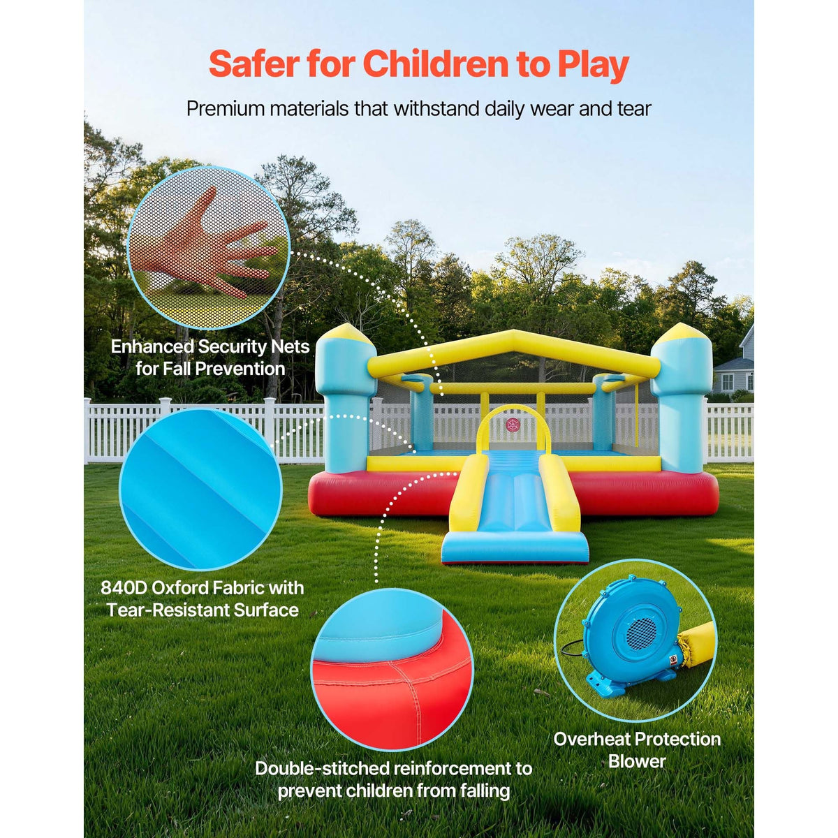 Inflatable Bounce House, 14.7 x 13.8 x 6.8 ft Jumping Bouncy Castle, Inflatable Jumper for Kids with Slide, Basketball Hoop, Target Game & Jumping Area, Jumpings House Holds 3-4 Kids (Ages 3-8)