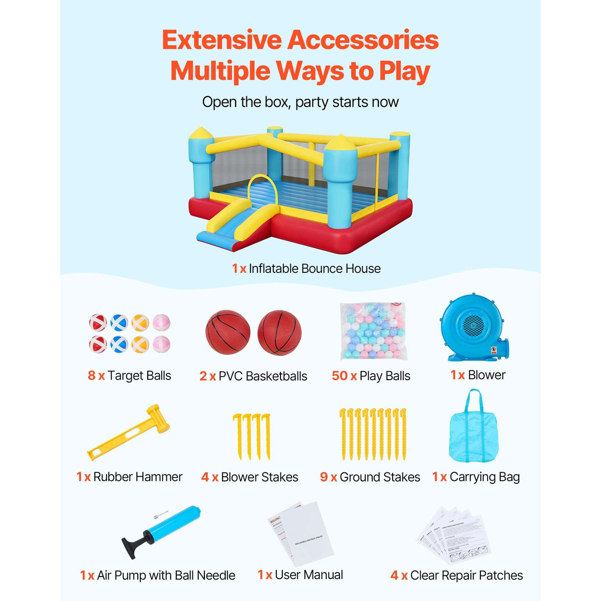 Inflatable Bounce House, 14.7 x 13.8 x 6.8 ft Jumping Bouncy Castle, Inflatable Jumper for Kids with Slide, Basketball Hoop, Target Game & Jumping Area, Jumpings House Holds 3-4 Kids (Ages 3-8)
