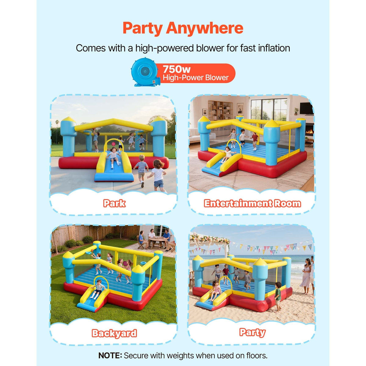 Inflatable Bounce House, 14.7 x 13.8 x 6.8 ft Jumping Bouncy Castle, Inflatable Jumper for Kids with Slide, Basketball Hoop, Target Game & Jumping Area, Jumpings House Holds 3-4 Kids (Ages 3-8)