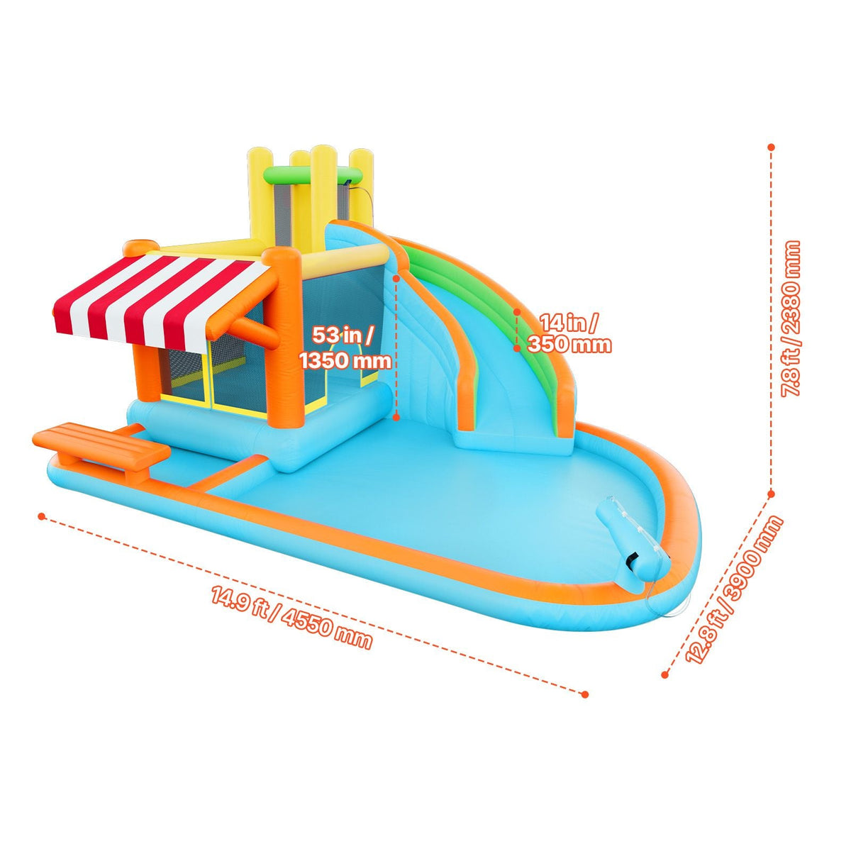 Inflatable Bounce House, 14.9 x 12.8 x 7.8 ft Inflatable Bounce House Water Slide, Bouncer Castle with Castle Bounces, Tall Slide, Splash Pool & Pretend Market Booth, for 3 to 4 Kids Ages 3 to 8