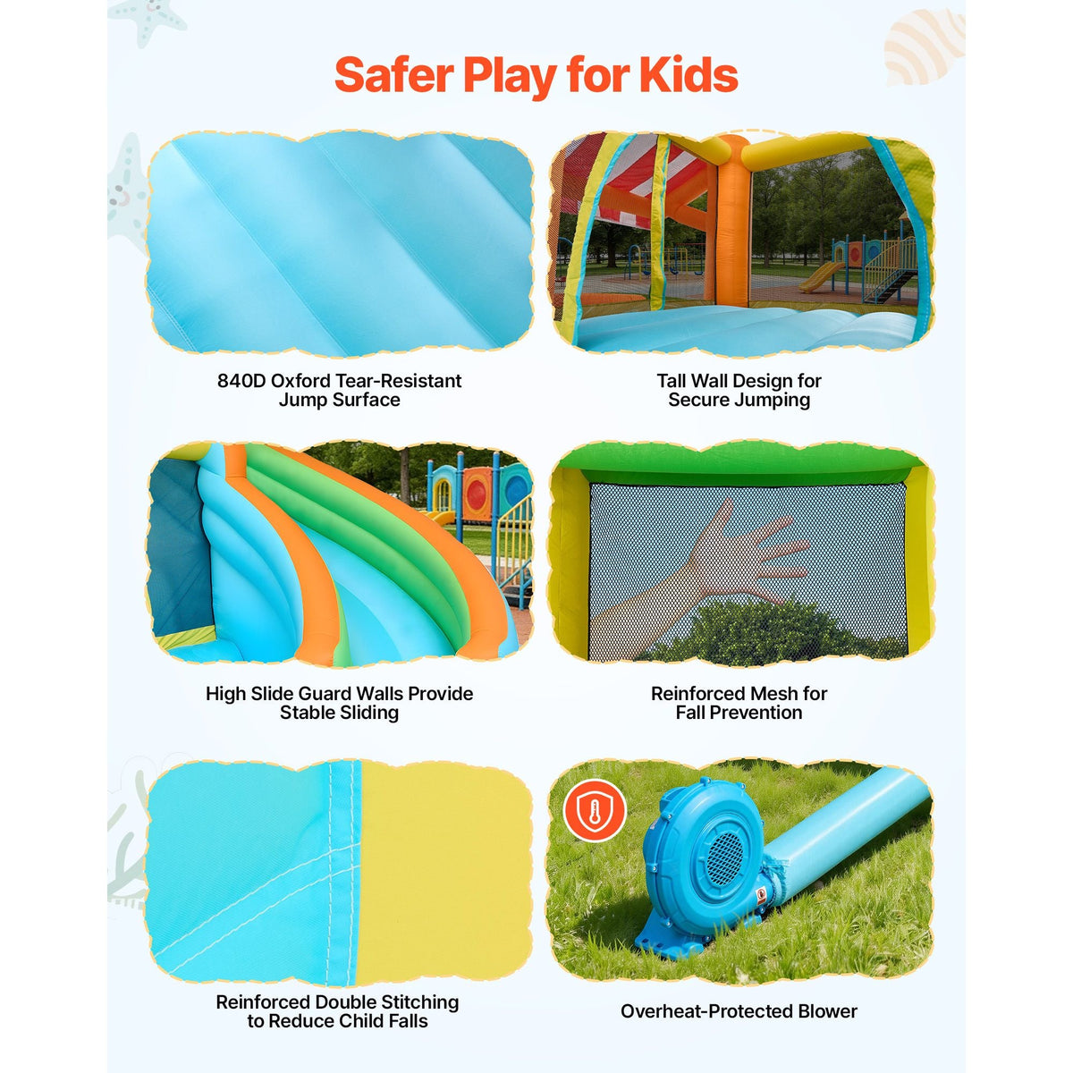 Inflatable Bounce House, 14.9 x 12.8 x 7.8 ft Inflatable Bounce House Water Slide, Bouncer Castle with Castle Bounces, Tall Slide, Splash Pool & Pretend Market Booth, for 3 to 4 Kids Ages 3 to 8