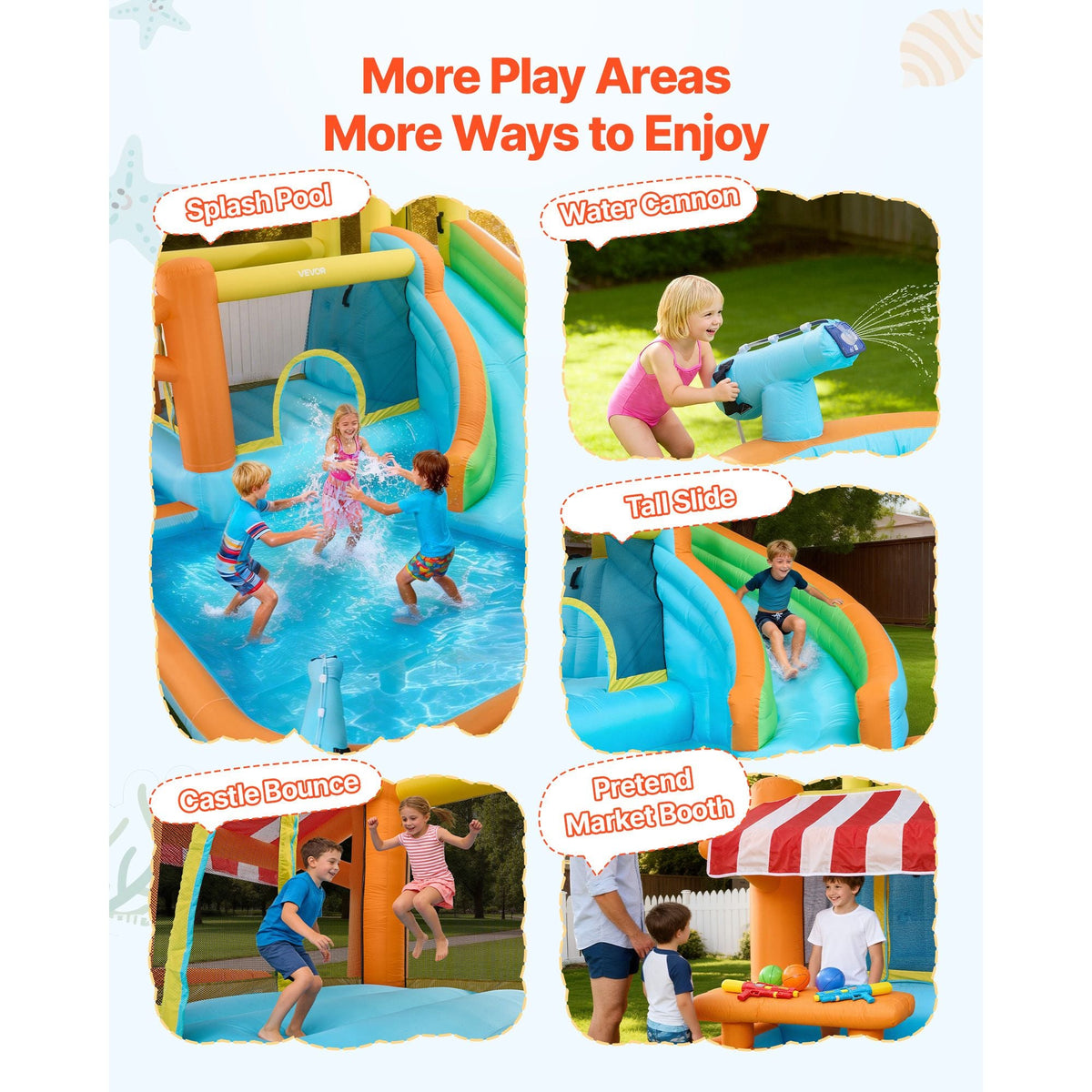 Inflatable Bounce House, 14.9 x 12.8 x 7.8 ft Inflatable Bounce House Water Slide, Bouncer Castle with Castle Bounces, Tall Slide, Splash Pool & Pretend Market Booth, for 3 to 4 Kids Ages 3 to 8
