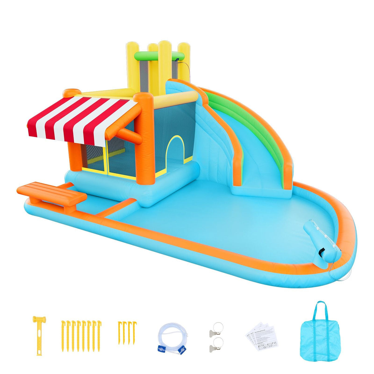 Inflatable Bounce House, 14.9 x 12.8 x 7.8 ft Inflatable Bounce House Water Slide, Bouncer Castle with Castle Bounces, Tall Slide, Splash Pool & Pretend Market Booth, for 3 to 4 Kids Ages 3 to 8