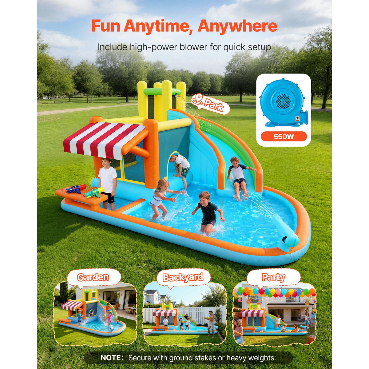 Inflatable Bounce House, 14.9 x 12.8 x 7.8 ft Inflatable Bounce House Water Slide, Bouncer Castle with Castle Bounces, Tall Slide, Splash Pool & Pretend Market Booth, for 3 to 4 Kids Ages 3 to 8