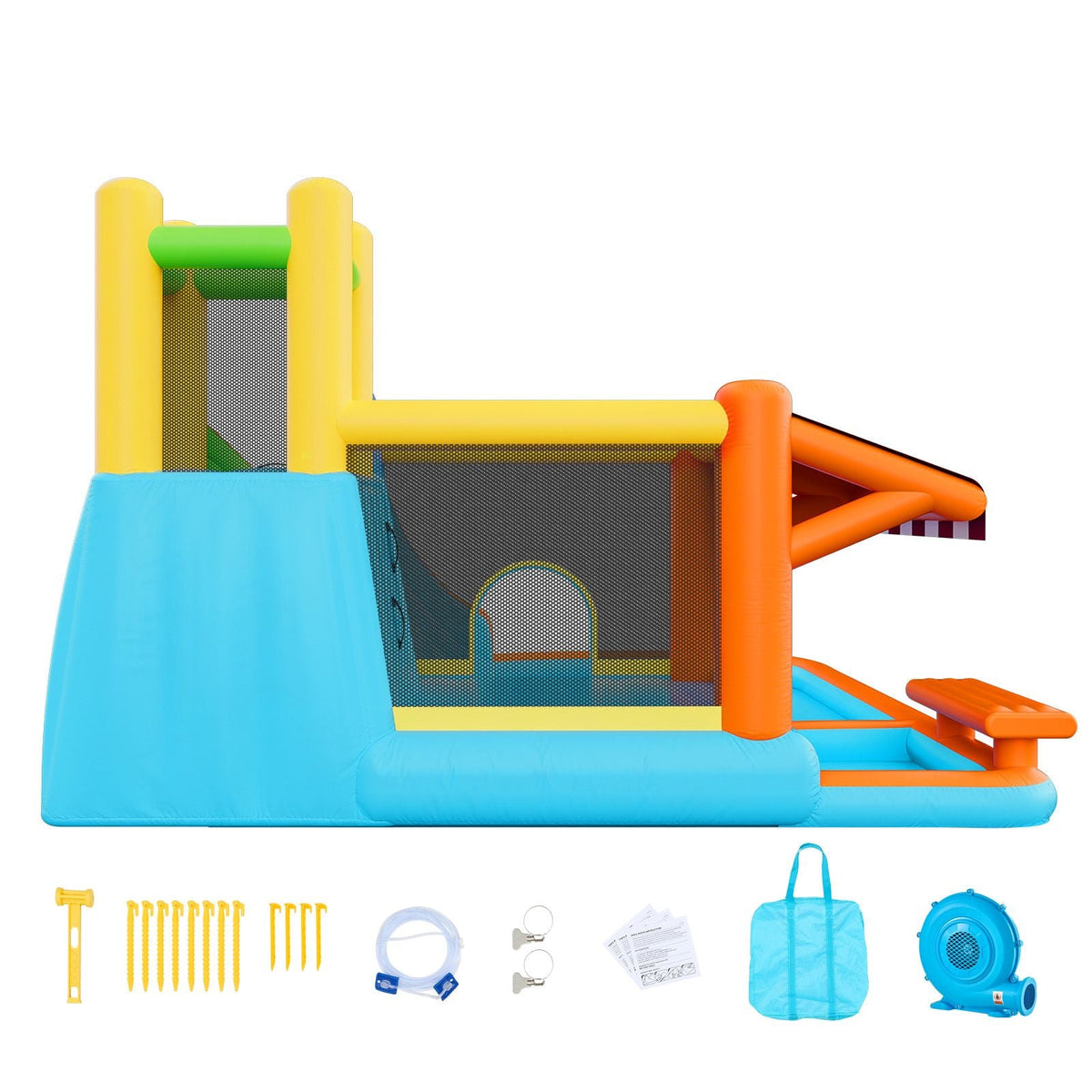 Inflatable Bounce House, 14.9 x 12.8 x 7.8 ft Inflatable Bounce House Water Slide, Bouncer Castle with Castle Bounces, Tall Slide, Splash Pool & Pretend Market Booth, for 3 to 4 Kids Ages 3 to 8