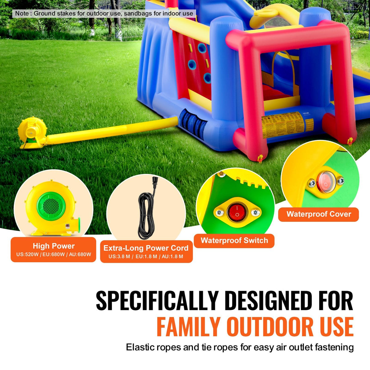 Inflatable Bounce House, Outdoor High Quality Playhouse Trampoline, Jumping Bouncer with Blower, Slide, and Storage Bag, Family Backyard Bouncy Castle, for Kid Ages 3–8 Years, 131x133x91 inch