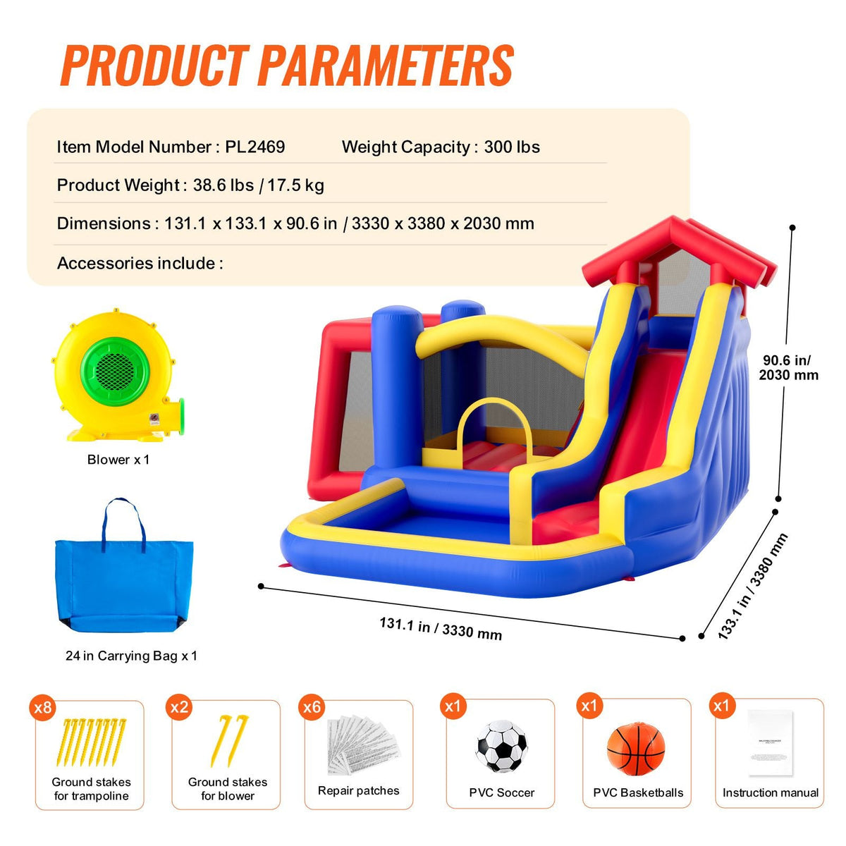 Inflatable Bounce House, Outdoor High Quality Playhouse Trampoline, Jumping Bouncer with Blower, Slide, and Storage Bag, Family Backyard Bouncy Castle, for Kid Ages 3–8 Years, 131x133x91 inch
